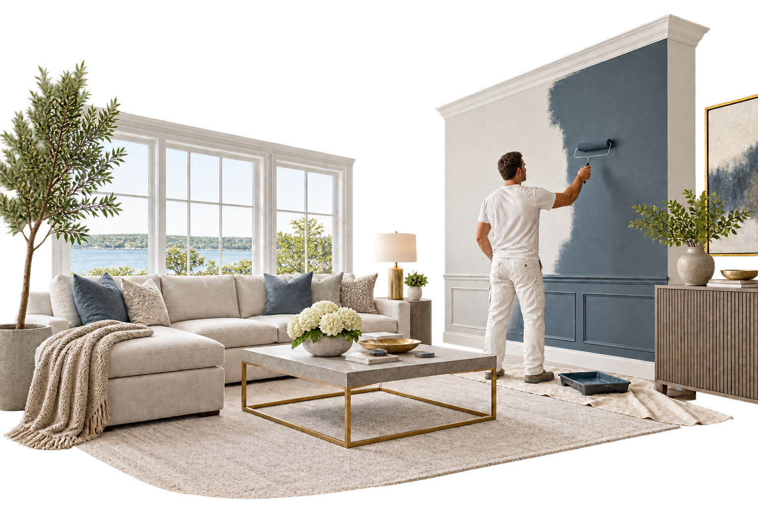 Professional painter applying blue-grey paint in a modern Long Island living room